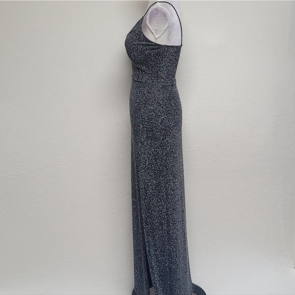 90s Vintage Mind Code Black Metallic Knit V-neck Thigh High Slit Maxi Dress L - Picture 5 of 11